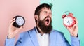 Guy unshaven puzzled face having problems with changing time. Time zone. Changing time zones affect health. Does