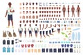 Guy on vacation animation or DIY kit. Collection of male tourist body elements, gestures, clothes, touristic equipment