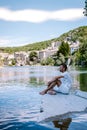 Guy on vacation in Ardeche France, view of the village of Vogue in Ardeche. France Royalty Free Stock Photo