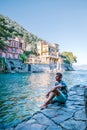 Guy on vacation ligurian coast Italy, Portofino famous village bay, Italy colorful village Ligurian coast