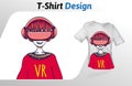 Guy in VR headset having a good time, t-shirt print. Mock up t-shirt design template. Vector template, isolated on white