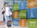 Guy Walking With Suitcase At Airport Outdoor, Collage With Landmarks