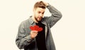 Guy well groomed hold heart white background. Romantic macho. Man with beard celebrate valentines day. Love and romantic Royalty Free Stock Photo