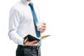 A guy in a white shirt and blue tie on a white background. A man holds a glass with a cocktail and in his second hand is notepad. Royalty Free Stock Photo