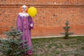 A street performer in a costume of an evil scary clown similar to Pennywise next to a tree sapling. A guy who looks like IT