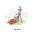 Guy working with lawnmower, husbandry, grass trimming service, outdoor chores, landscaping, gardening equipment banner Royalty Free Stock Photo