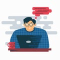 The guy works at the computer. Freelance, remote work at home. Chatting with friends and colleagues online. Flat illustration Royalty Free Stock Photo