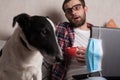 The guy works at home on freelance with his pet. The guy interacts with a dog on the couch with a medical mask Royalty Free Stock Photo