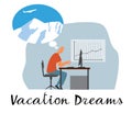 The guy works in the office at the computer and dreams of a vacation in the mountains