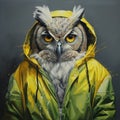 Yellow Rain Coat Owl Painting In Michal Lisowski Style