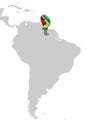 Guyana Location Map on map South America. 3d Guyana flag map marker location pin. High quality map of Guyana. Royalty Free Stock Photo