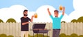 Guys couple preparing meat on grill african american men drinking beer outdoor friends having fun backyard picnic