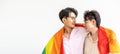 Guys spend time together at home, Portrait of Happy Asian gay couple embracing and showing their love under lgbt colorful rainbow Royalty Free Stock Photo