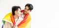 Guys spend time together at home, Portrait of Happy Asian gay couple embracing and showing their love under lgbt colorful rainbow Royalty Free Stock Photo