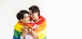 Guys spend time together at home, Portrait of Happy Asian gay couple embracing and showing their love under lgbt colorful rainbow Royalty Free Stock Photo