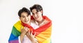 Guys spend time together at home, Portrait of Happy Asian gay couple embracing and showing their love under lgbt colorful rainbow Royalty Free Stock Photo