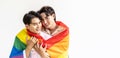 Guys spend time together at home, Portrait of Happy Asian gay couple embracing and showing their love under lgbt colorful rainbow Royalty Free Stock Photo