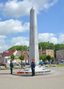 GVARDEYSK, RUSSIA. Cadet honourable guard about a monument to the Russian soldiers of four wars. Victory Square