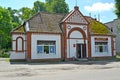 GVARDEYSK, RUSSIA. Vesna shop - the building of the former Catholic chapel 1930. Russian text Spring