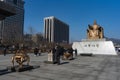 Gwanghwamun square , Statue of King Sejong and Statue of Yi Sun-Shin near Sejon center during winter morning at Jongno-gu , Seoul