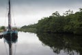 Sail boats in Crinan canal on a rainy day. Royalty Free Stock Photo