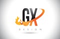 GX G X Letter Logo with Fire Flames Design and Orange Swoosh.