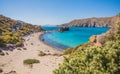 Gyali island beach with tourist ship. Boat tour from Kos, Greece