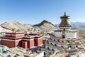 Gyantse Kumbum in Pelkor Chode or Palcho monastery with Gyantse Dzong or fort in the background, Tibet Royalty Free Stock Photo