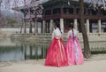 Gyeongbokgung Palace with Korean national dress Royalty Free Stock Photo