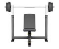 Gym adjustable weight bench with barbell isolated on white