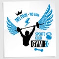 Gym advertising leaflet created with vector illustration of muscular bodybuilder holding barbell sport equipment. No pain, no gain Royalty Free Stock Photo