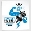 Gym advertising poster. Vector composition created using athletic sportsman biceps arm with disc weight dumbbell and kettle bell