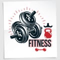 Gym advertising vector leaflet made using disc weight dumbbell and kettle bell sport fitness and power lifting