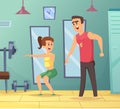 Gym background. Cartoon sport characters male and female. Personal trainer Royalty Free Stock Photo