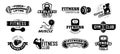 Gym badges. Bodybuilding stencil label, fitness monochrome silhouette badge and athlete muscles vector illustration set