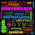 gym, body building, weight lifting, sports word cloud, this word cloud use as banner, painting, motivation, web-page, website Royalty Free Stock Photo