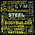 gym, body building, weight lifting, sports word cloud, this word cloud use as banner, painting, motivation, web-page, website Royalty Free Stock Photo