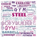 gym, body building, weight lifting, sports word cloud, this word cloud use as banner, painting, motivation, web-page, website Royalty Free Stock Photo