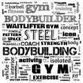 gym, body building, weight lifting, sports word cloud, this word cloud use as banner, painting, motivation, web-page, website Royalty Free Stock Photo