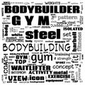 gym, body building, weight lifting, sports word cloud, this word cloud use as banner, painting, motivation, web-page, website Royalty Free Stock Photo