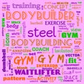 gym, body building, weight lifting, sports word cloud, this word cloud use as banner, painting, motivation, web-page, website Royalty Free Stock Photo