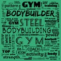 gym, body building, weight lifting, sports word cloud, this word cloud use as banner, painting, motivation, web-page, website