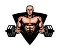 Gym, bodybuilding, fitness logo or label. Muscular man or bodybuilder holding heavy barbell. Vector illustration