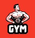 Gym, bodybuilding logo or label. Strong man with big muscles. Vector illustration