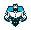 Gym, bodybuilding logo or label. Strong man with big muscles. Vector illustration