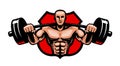 Gym, bodybuilding, sport logo or label. Bodybuilder with heavy barbell in hands. Vector illustration