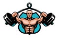 Gym, bodybuilding, sport logo or label. Bodybuilder with heavy barbell in hands. Vector illustration