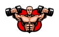 Gym, bodybuilding, sport logo or label. Bodybuilder lifts heavy dumbbells hands. Vector illustration