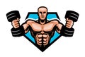 Gym, bodybuilding, sport logo or label. Muscular bodybuilder holding dumbbells in hands. Vector illustration