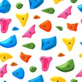 Gym climbing grips on a white background seamless pattern. Imitation of a rock. Various fasteners. Cartoon vector